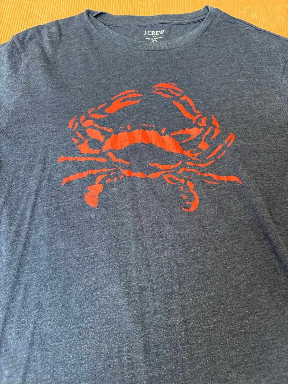J. Crew Men's Navy Blue Tee with Red Crab Graphic